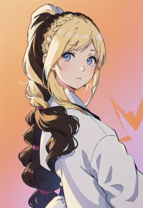 front side hair, braided hair front, front side ponytail, No back ponytail, anime shadow, Flat anime-style shadows, Semi-realistic anime style, anime long hair girl, Drawn in an anime artist studio, White clothing, blonde, White skin, Soft anime illustrati...