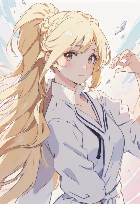 front side hair, braided hair front, front side ponytail, No back ponytail, anime shadow, Flat anime-style shadows, Semi-realistic anime style, anime long hair girl, Drawn in an anime artist studio, White clothing, blonde, White skin, Soft anime illustrati...