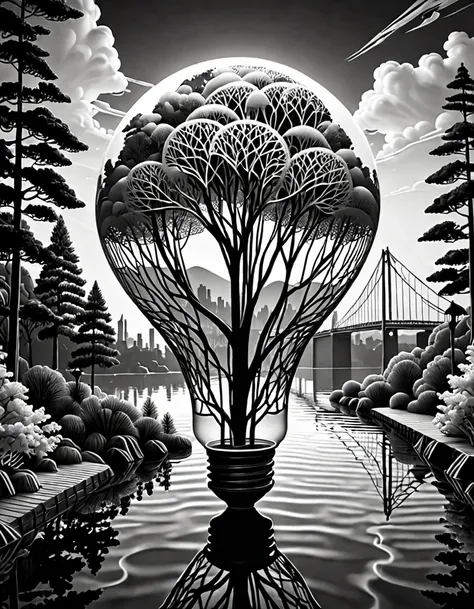 A 3D wireframe model, created using intricate white and black lines. a big prominent lightbulb coming out of your human mind. The pattern forms a surreal three-dimensional scene of an urban forest with sea and a bridge, giving the illusion of depth with li...