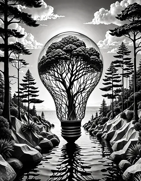 A 3D wireframe model, created using intricate white and black lines. a big prominent lightbulb coming out of your human mind. The pattern forms a surreal three-dimensional scene of an urban forest with sea and a bridge, giving the illusion of depth with li...