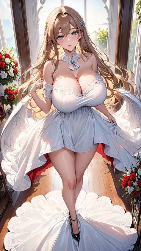 masterpiece:1.4,best-quality,Super Detail,Very Delicate and Beautiful, ((( nsfw, beautiful hostess ))), long hair, very gigantic breasts, cleavage, very slender, off-shoulder, perfect face, beautiful eyes, full body