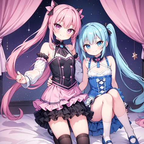 masterpiece, best quality, hyper detailed, 2girl, evil smiling, looking at viewerery,flat chest,blue hair,short twintails,middle hair,sky blue eyes,cute miniskirt,cute striped panty,cute high socks,cute shoes,smirk,pantyshot,

1girl, evil smiling, looking ...