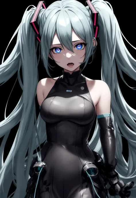 hatsune miku, 1girl, waist up, crazy intense gaze, gray background, no background, blue anime girl, detailed face, detailed eyes...