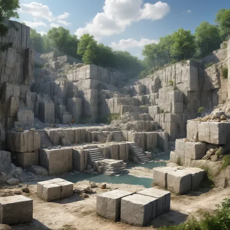 (best quality)), ((masterpiece)), ((realistic,digital art)), (super detailed), (gigantic limestone quarry), (medieval fantasy style), limestone blocks