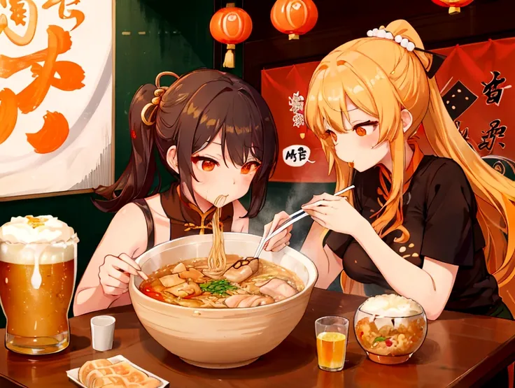 a cute student in underwear eats chinese food with gusto、big boobs and small boobs、thin cute orange bra、thin and cute orange und...