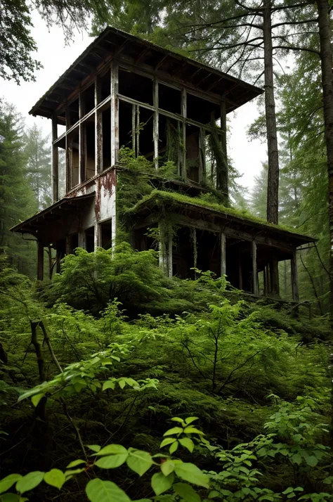 Imagine an abandoned house in the forest 