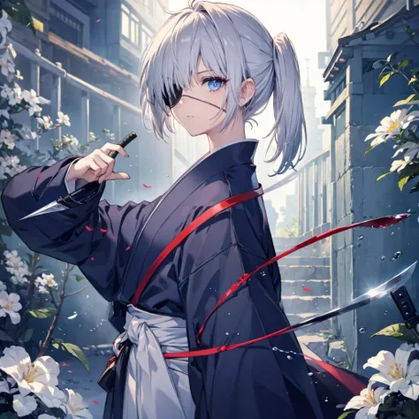 (((1 person　Put on an eye patch　Gray Hair)))　((High resolution　short hair　Black kimono　Red point　Shoulder　Rin々Funny face　knifeを構える))　((Black Band　samurai　Lonely　despair　blue eyes　Close-up))　((Blue Butterfly　night　Japanese style　old　Shining Aura　garden　wate...