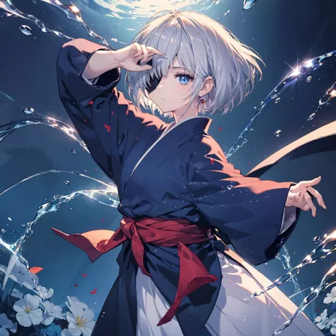 (((1 person　Put on an eye patch　Gray Hair)))　((High resolution　short hair　Black kimono　Red point　Shoulder　Rin々Funny face　knifeを構える))　((Black Band　samurai　Lonely　despair　blue eyes　Close-up))　((Blue Butterfly　night　Japanese style　old　Shining Aura　garden　wate...