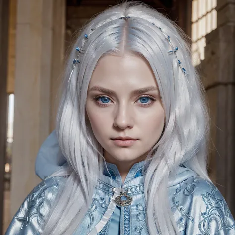 A female elf with white hair, blue eyes, beauty face, white skin. Wearing expensive cloak and ancient wand. Her hair cover one of her eyes and sleepy eyes.