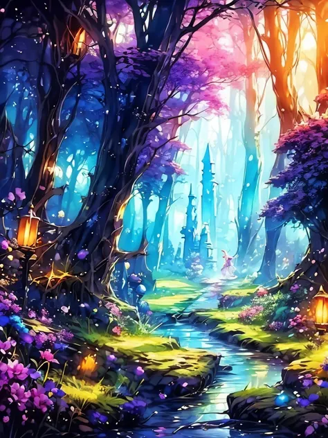 mysterious glowing spell casting girl, fantasy rainbow forest, vibrant colors, fantastic lighting, detailed leaves, magical atmo...