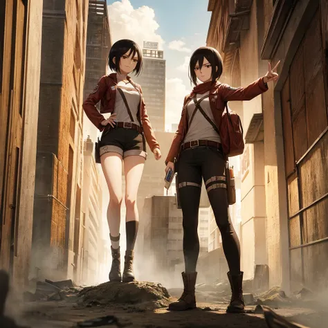 your influencer character, standing next to mikasa ackerman from attack on titan. both are making a victory sign. detailed anime...