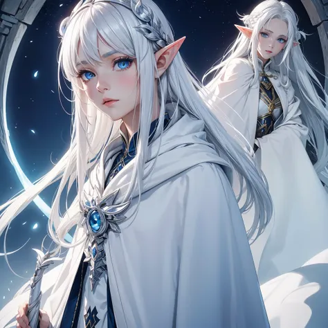 A female elf with white hair, blue eyes, beauty face, white skin. Wearing expensive cloak and ancient wand. Her hair cover one of her eyes and sleepy eyes.