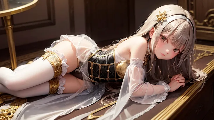 8 year old medieval girl, １people、In underwear、Gold and silver thread embroidery、She is wearing translucent bloomers that reach below her knees.、Wearing a semi-transparent corset、Translucent slip, Grey translucent tights、sleep