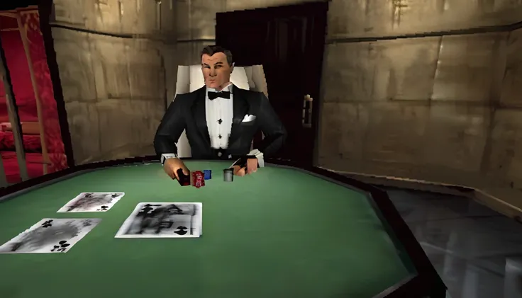 top view from the back ((((ps1 style)))), james bond wearing off-white dinner jacket, black trousers, white dress shirt, black bow tie, plays poker in casino, dim lighting, interface on the screen