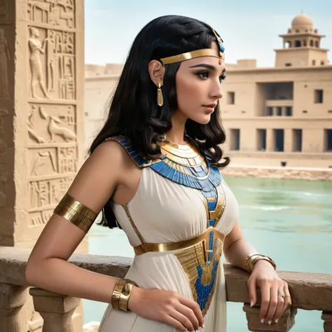 standing on a balcony overlooking the river、arabian woman wearing dress and headpiece, beautiful cleopatra, egyptian princess, b...