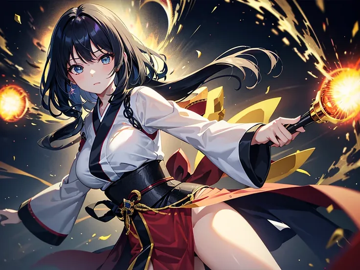 Super detailed, Pixel perfect, High resolution, Highest quality, Beautifully drawn eyes in every detail), (whole body:0.8), 19 year old anime girl, 短いBlack Hair, Wavy Hair, Parted bangs, Black Hair, Gradient Hair Color, Flowing crimson hair dances like fla...