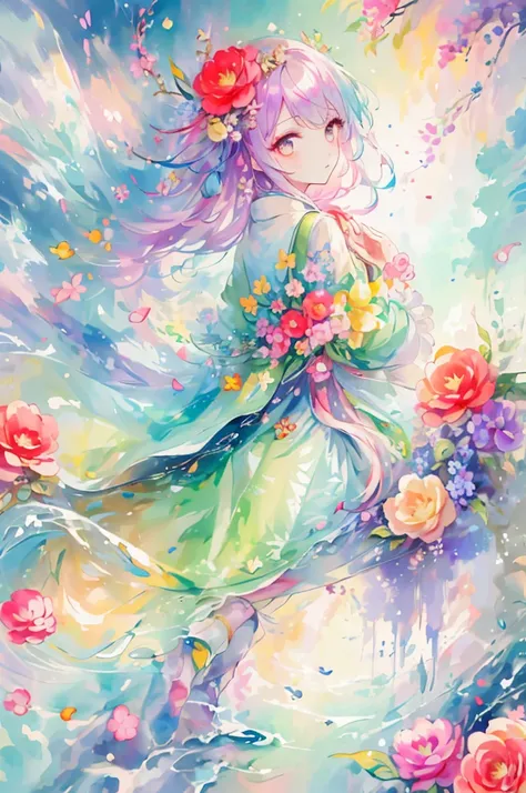 (Highest quality),(works of masters),(Detailed eye description),(8k wallpaper)(detailed facial description),rich and colorful,1 girl,Chinese clothes,Half body,上Half body,Iridescence and rainbow eyes,floating rainbow hair,iridescent and rainbow dresses,Peac...