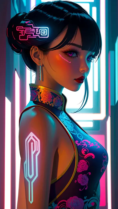 A girl, (Cheongsam, a traditional Chinese costume)，Hair accessories, Vibrant colors，Futuristic shoes, Gorgeous accessories，Avant-garde makeup，twin drills，Confidence and determination，Dynamic Lighting，Neon，Holographic projection，city environment，high-tech p...