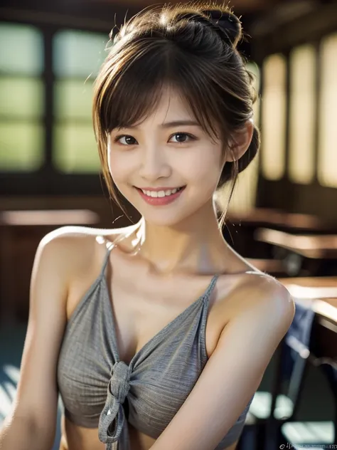 8K quality，Japanese Idol，Face lighting，最high quality， ((((Night view，Tying a bun，Very smiling，，Narrow waist，Beautiful body lines，gravure pose，Upper body close-up，classroom)))，Very beautiful details of the face, (Slender body:1.4), (Detailed face:1.2), conc...