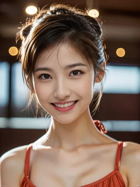 8K quality，Japanese Idol，Face lighting，最high quality， ((((Night view，Tying a bun，Very smiling，，Narrow waist，Beautiful body lines，gravure pose，Upper body close-up，classroom)))，Very beautiful details of the face, (Slender body:1.4), (Detailed face:1.2), conc...