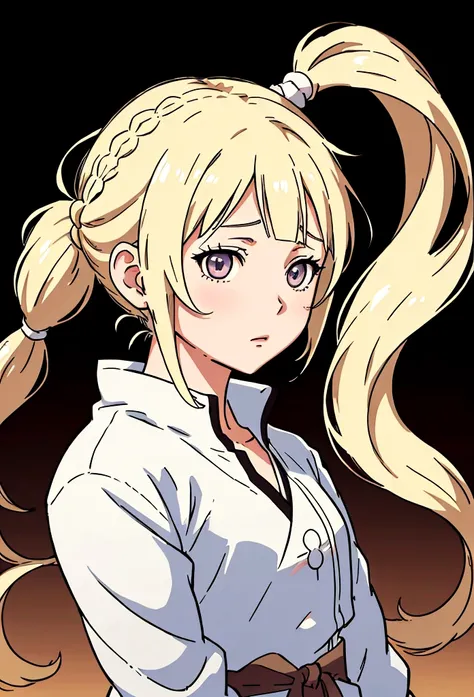 front side hair, braided hair front, front side ponytail, anime shadow, Flat anime-style shadows, Semi-realistic anime style, anime long hair girl, Drawn in an anime artist studio, White clothing, blonde, White skin, Soft anime illustration, Detailed facia...