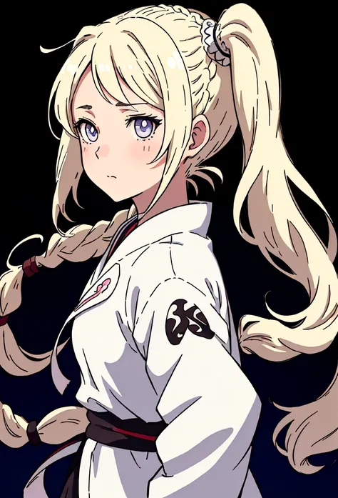 front side hair, braided hair front, front side ponytail, anime shadow, Flat anime-style shadows, Semi-realistic anime style, anime long hair girl, Drawn in an anime artist studio, White clothing, blonde, White skin, Soft anime illustration, Detailed facia...