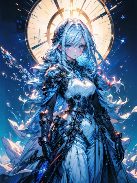 One beautiful woman、whole body、Standing posture、front、Transparent light blue hair、crystalのように輝く髪、Blue eyes that shine like jewels、Combat Uniform、Have a weapon、Slender、Slender、Highest quality、Super detailed、masterpiece、crystal、Ice and snow effect