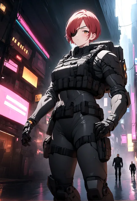 (masterpiece, 32k, 8k, cgi) man, 34 years old, redhead, brown eyes, eye patch over one eye, short spiky hair, black swat uniform, cyberpunk setting, black goatee