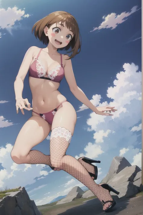 masterpiece, best quality, highres, hmochako, blush stickers, short hair, medium breasts, pink lingerie bikini, open-toe high heels, fishnet stockings, smile, open mouth, sky, cloudy