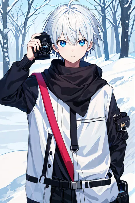 8K，high high quality！！Detail Enhancement！！Highest image quality！！holding a camera，Anime boy wearing winter clothes taking photos, upper body,