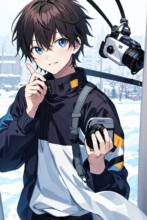 8K，high high quality！！Detail Enhancement！！Highest image quality！！holding a camera，Anime boy wearing winter clothes taking photos, upper body,