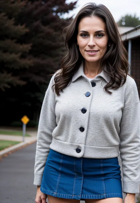 Beautiful brunette mother, 38 years old. Standing outside a school. 4k. natural light. Detailed face. Wearing a miniskirt. 