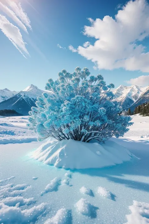 Stunning photography of mountain snow sky blue cryestal clear sea beautiful cryestal effect flowers on snow full screen 3d render