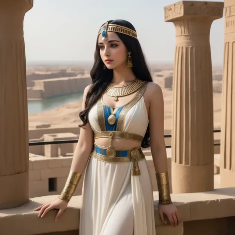 standing on a balcony overlooking the river、arabian woman wearing dress and headpiece, beautiful cleopatra, egyptian princess, b...