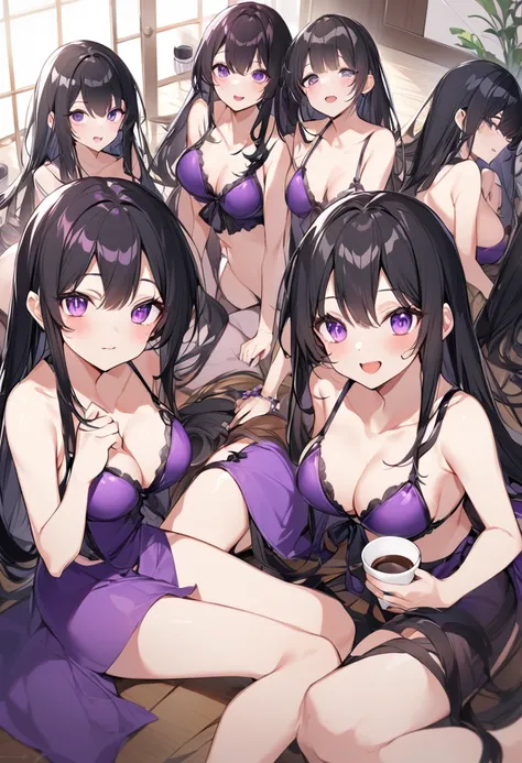 Wearing a purple bikini、barefoot。hair is black、Purple eyes。Breasts are K cup。The skin is white and、Long hair。Has one brother and one sister。My sister has an E cup。All of them have black hair。6 siblings。It&#39;s like diving into the ocean and looking at the...