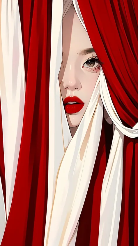 close up of red lips、Red Curtain、Peeking through the curtains