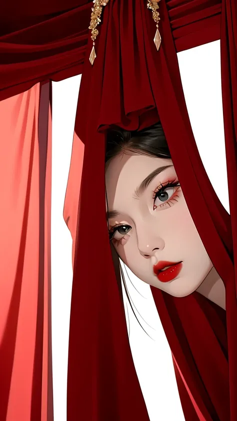 close up of red lips、Red Curtain、Peeking through the curtains