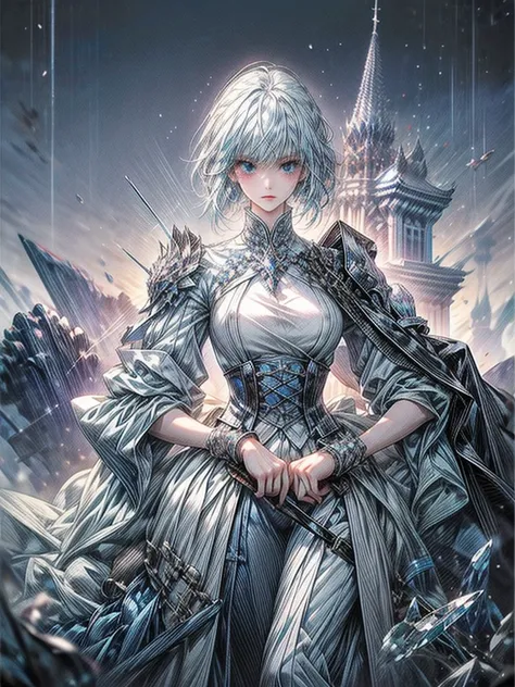 One beautiful woman、whole body、Standing posture、front、Transparent light blue hair、crystalのように輝く髪、Blue eyes that shine like jewels、Combat Uniform、Have a weapon、Slender、Slender、Highest quality、Super detailed、masterpiece、crystal、Ice and snow effect