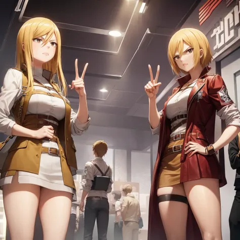 your influencer character(milf with blond hair) standing next to mikasa ackerman from attack on titan. both are making a victory...