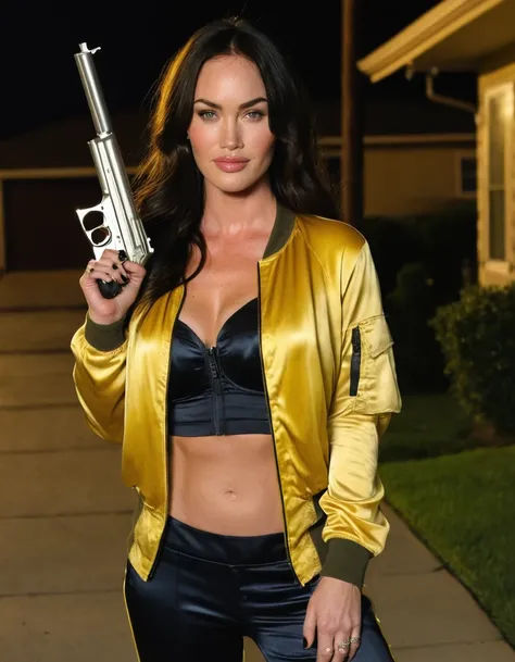 cinematic photo, young Megan_Fox, large breasts, beaming smiling, as a female soldier, very long hair, smirk on face, wearing a black and yellow satin bomber jacket, satin ports bra, matching satin pants, m16, rifle, holding pistol up by her face,, suburba...