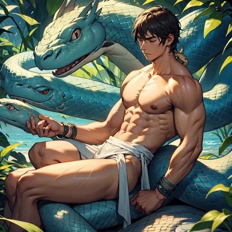 a muscular person who is not wearing clothes is meditating with a snake wrapped around 