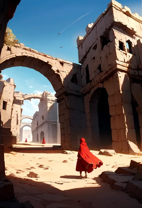 In a world after civilization has collapsed、A row of weathered ruins and bridges.,Standing there,Red long dress, Red Hood, A lot of red clothes are flying in the air, desert sand, clear sky, high quality, 8K