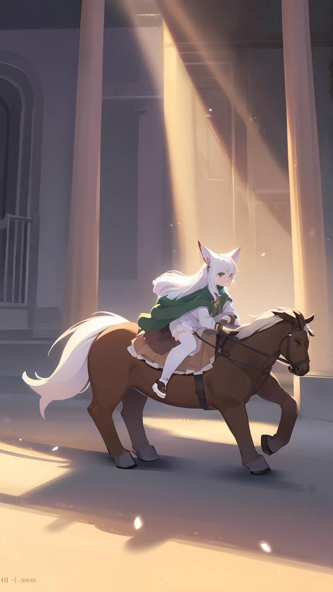 nsfw, 1 female fox, straight long white hair, green cloak, white skirt, riding on rocking horse,, ambient light, full body, masterpiece, high quality, high-details, best quality, 