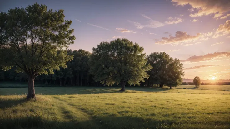 countryside, sunset, plain, trees, realist