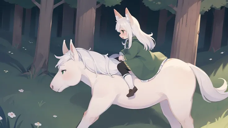 nsfw, 1 female fox, straight long white hair, green cloak, white skirt, riding on donkey,, ambient light, full body, masterpiece, high quality, high-details, best quality, 