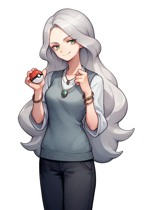 ((((white background)))), simple background, watercolor, 1 girl, standing, long hair, silver hair, light skin, smug green eyes, front view, a gray vest, under blue sweater, black pants, bracelets, brown shoe, holding a pokeball, score_9, score_8_up, score_...