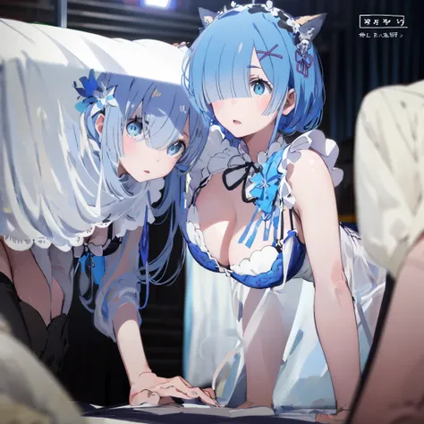 (Masterpiece, highest quality), 1 girl, face close-up, (from the front: 1.2), (on all fours: 1.2), (looking down: 1.2), nightgown, (bra: 1.2), breast gap, middle breasts, down blouse, Bra visible, bending forward, on bed, blue hair, medium breasts (C cup) ...