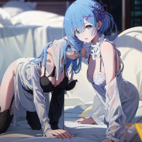 (Masterpiece, highest quality), 1 girl, face close-up, (from the front: 1.2), (on all fours: 1.2), (looking down: 1.2), nightgown, (bra: 1.2), breast gap, middle breasts, down blouse, Bra visible, bending forward, on bed, blue hair, medium breasts (C cup) ...