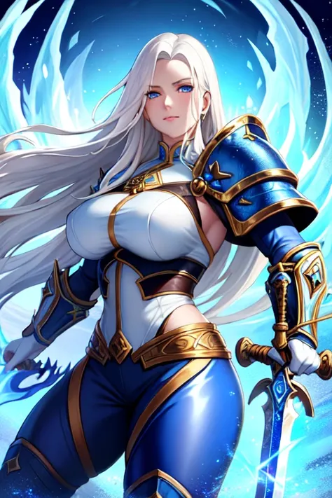 1girl, long wavy white hair, blue eyes, ice, sword, fantasy, muscles, voluptuous, thirties, leather armor, pants