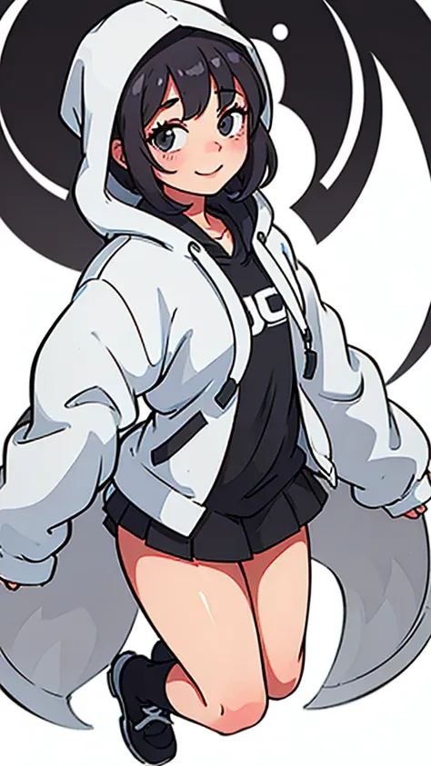 Cute girl wearing an oversized grey hoodie smiling shyly. White background. fullbody. 